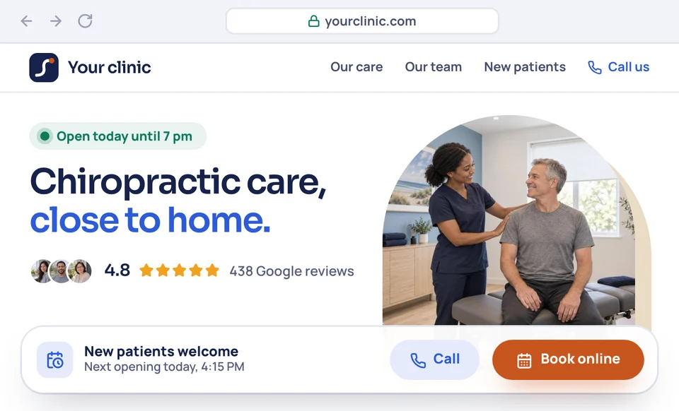 Your clinic's homepage open in a browser, with a sticky Book online bar along the bottom