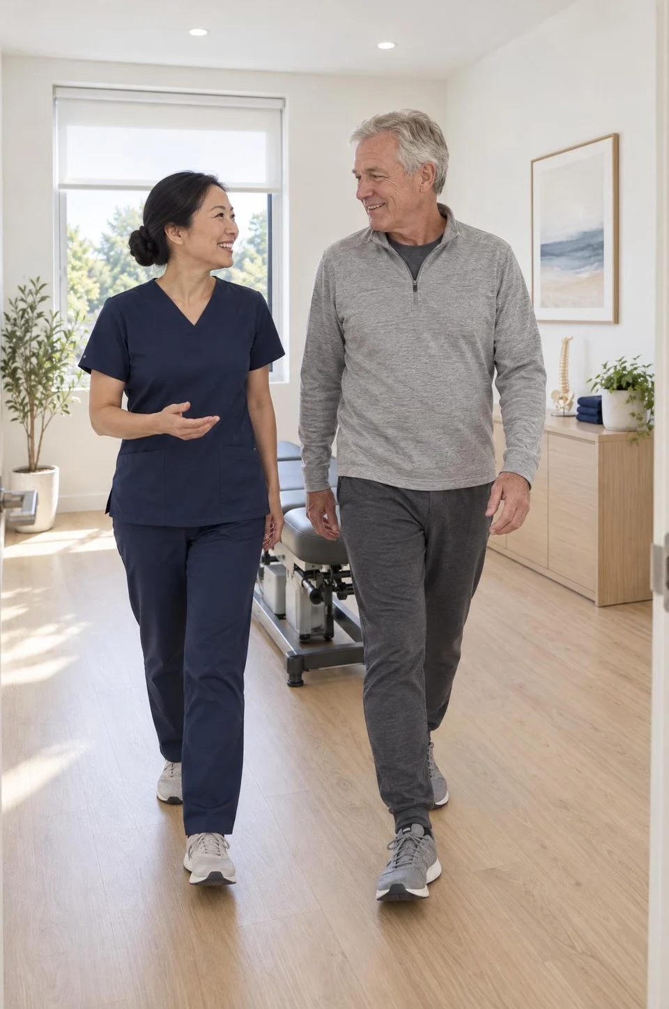 Chiropractor walking a smiling patient out of the adjusting room after his visit