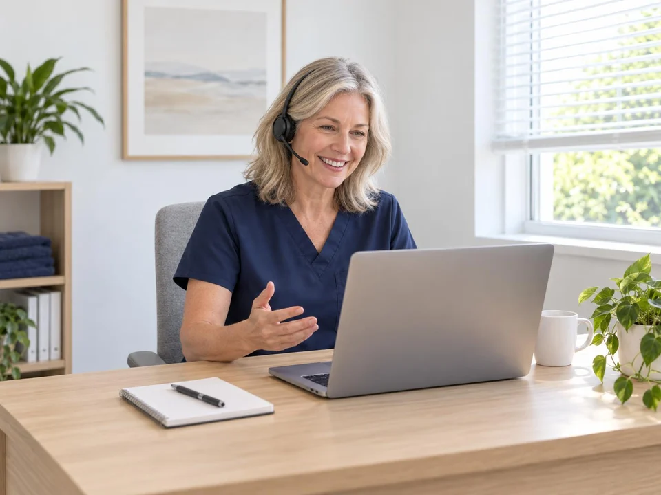 Chiropractor on a video call at her desk, going over her clinic's website and Google profile
