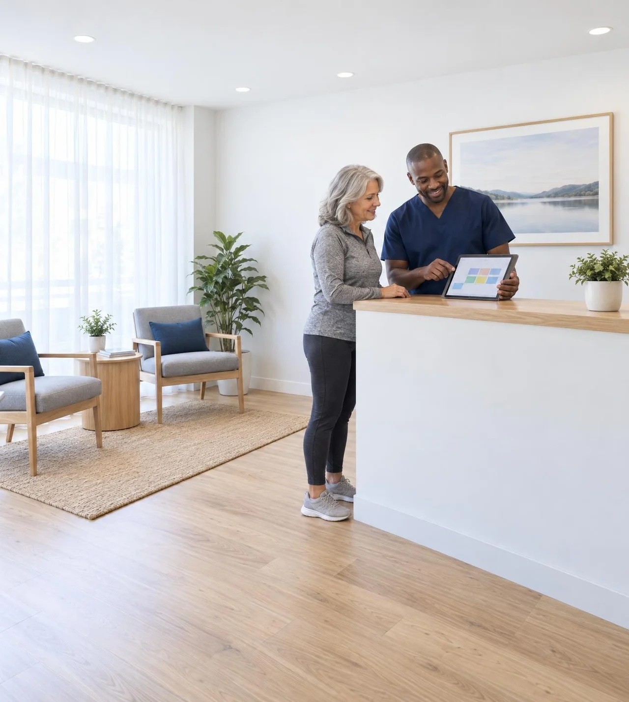 Chiropractor and patient checking booked visits on a tablet at the front desk of a bright chiropractic clinic