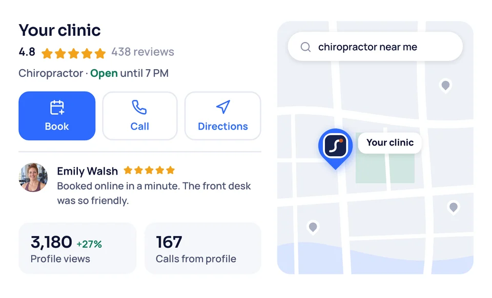 Local SEO: a chiropractic clinic's Google profile and reviews, pinned on a chiropractor near me map