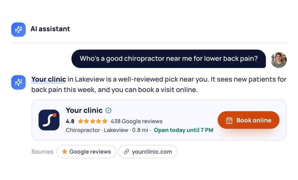An AI assistant answering who's a good chiropractor near me for lower back pain, naming your clinic in Lakeview with its rating, hours and a Book online link
